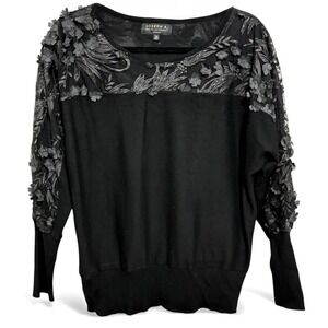 JOSEPH A‎ Women's 1X Black Floral Applique Sheer Mesh Dolman Sleeve Sweater Top